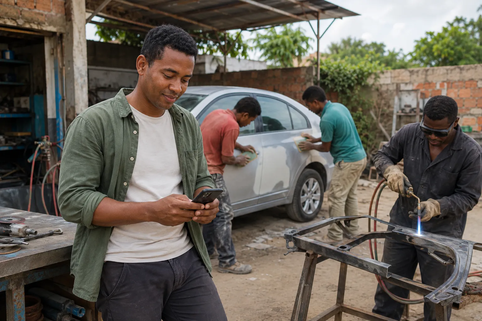 Un gérant consulte son téléphone dans un atelier automobile en activité