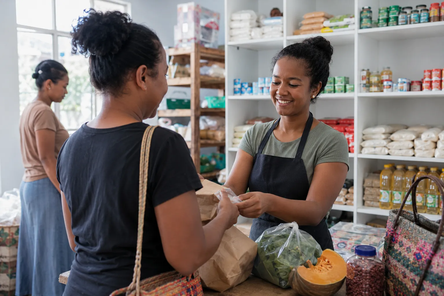 Une commerçante échange avec une cliente dans une épicerie
