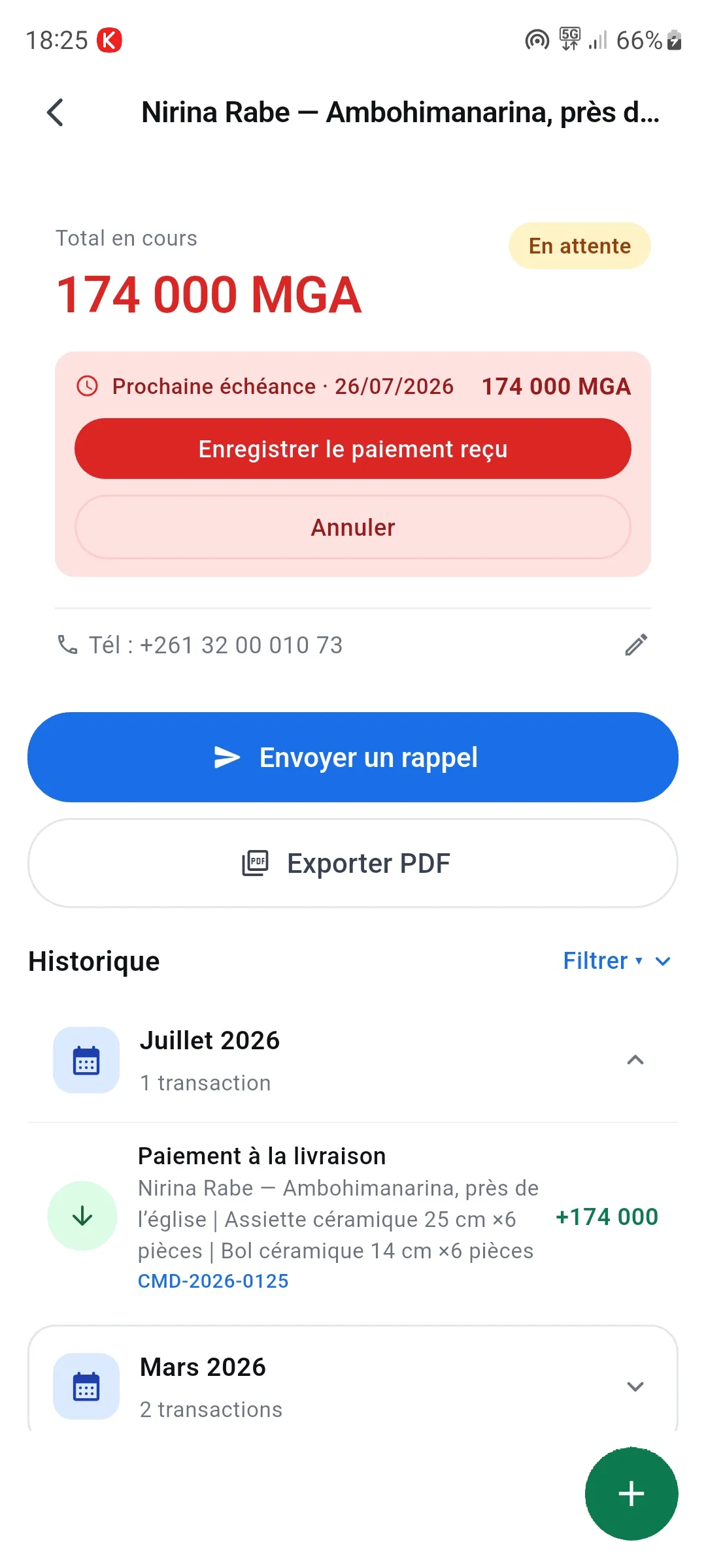 Fiche client Kajikajy avec le montant restant, la prochaine échéance, le rappel et l’historique.