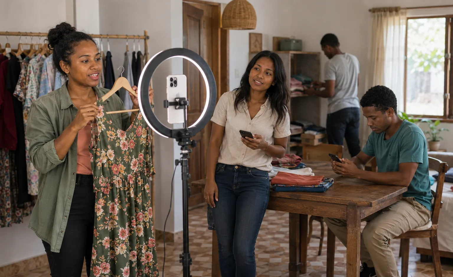 Une entrepreneuse et son équipe préparent une vente de vêtements en direct